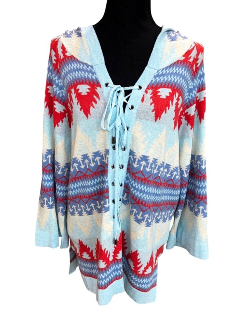 Tasha Polizzi Blue Laredo Southwest Sweater Women L Hooded Aztec Hooded Poncho